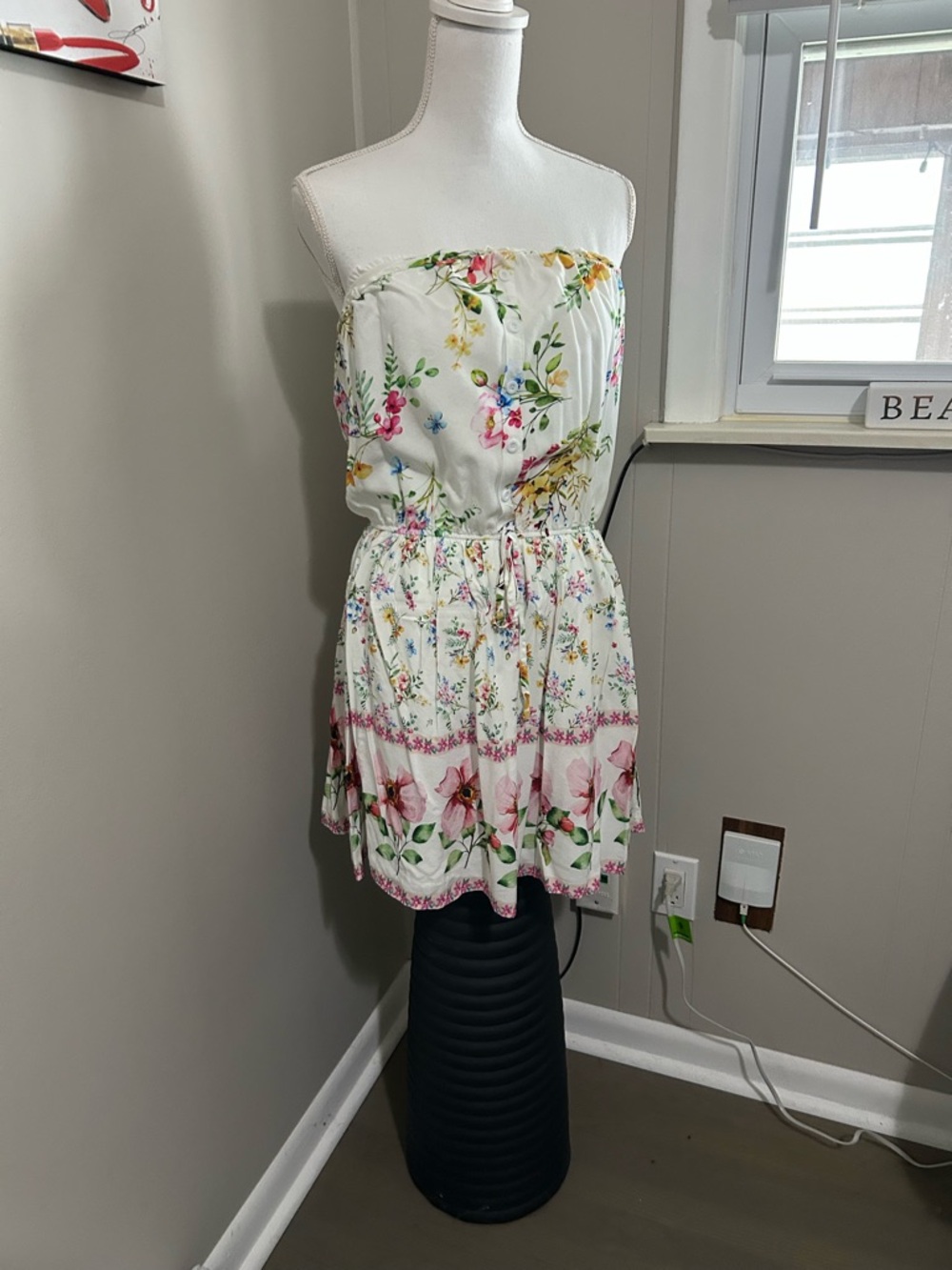 Strapless Floral Sundress - White with Pink & Green